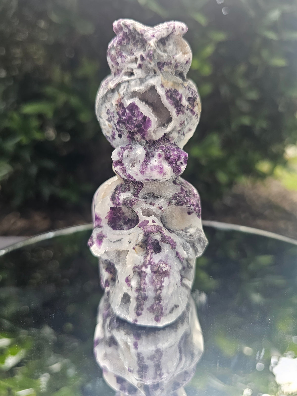 💜 Root Fluorite Owl & Skull Carving – Approx. 4.5" 134
